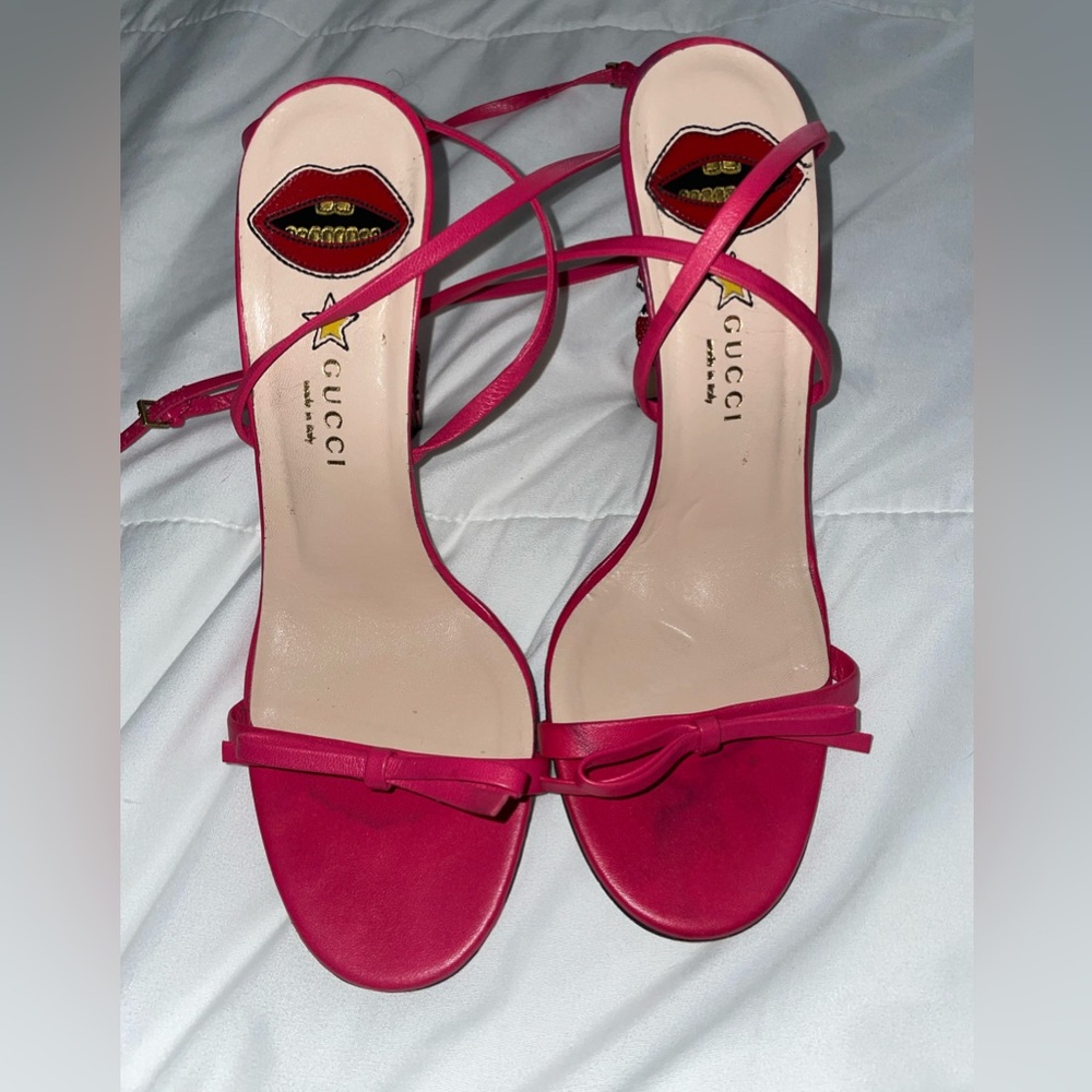 Pink Strappy Sculptural Gucci Snake Heels